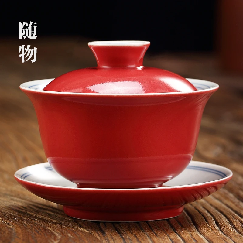 Jingdezhen Coral Red Cup Sancai Kung Fu Bowl Single Lid Household Ceramic Hot Hand Tea Set