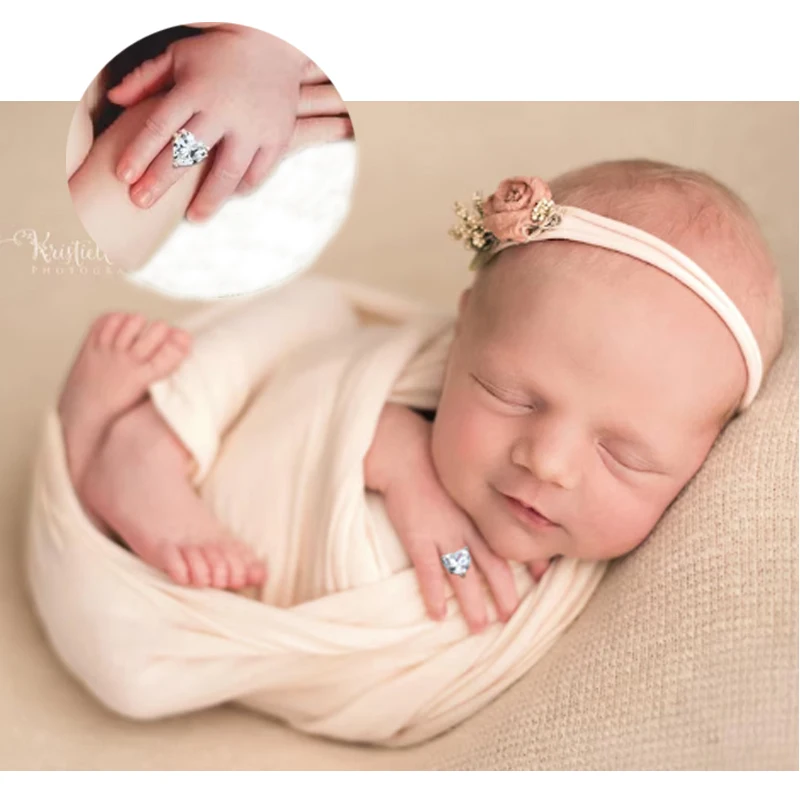 2pcs Newborn Heart Shaped Ring - Rhinestone Baby Photography Prop - Growth Memory Keepsake  مجوهرات خاتم الولادة حجر الراين خاتم