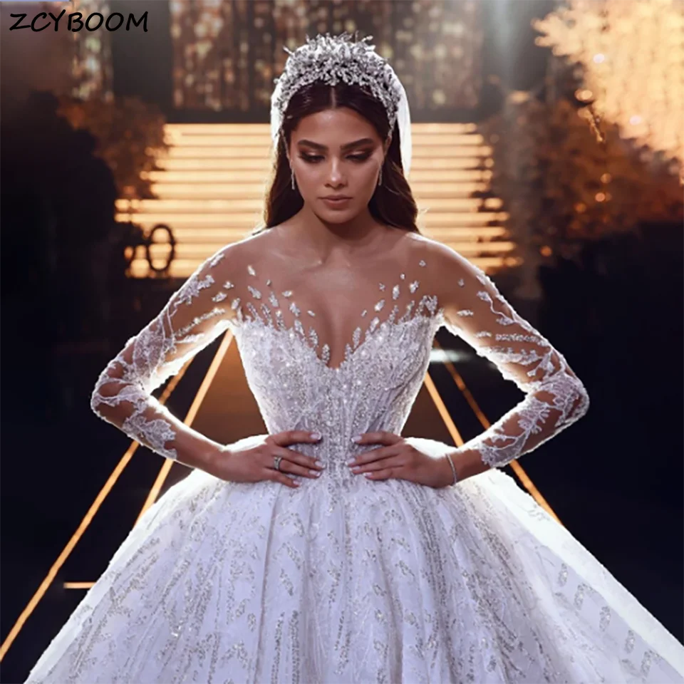 Luxury Dubai Shiny Beaded Sequin Ball Gown Wedding Dresses 2024 Ruffles Illusion With Court Train Tulle Bridal Gowns For Women