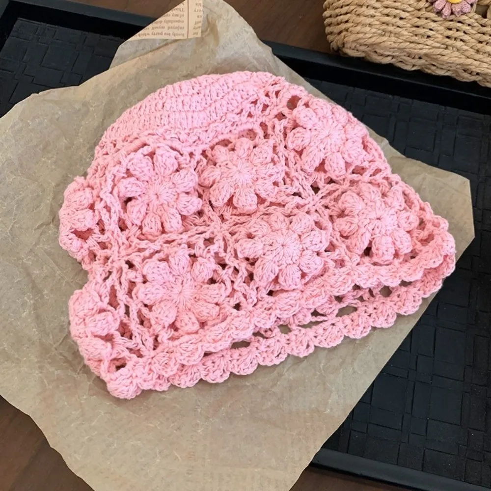 العرقية اليدوية زهرة كروشيه قبعة نسج Y2k متماسكة حوض قبعات الجوف النساء بيني قبعة السيدات