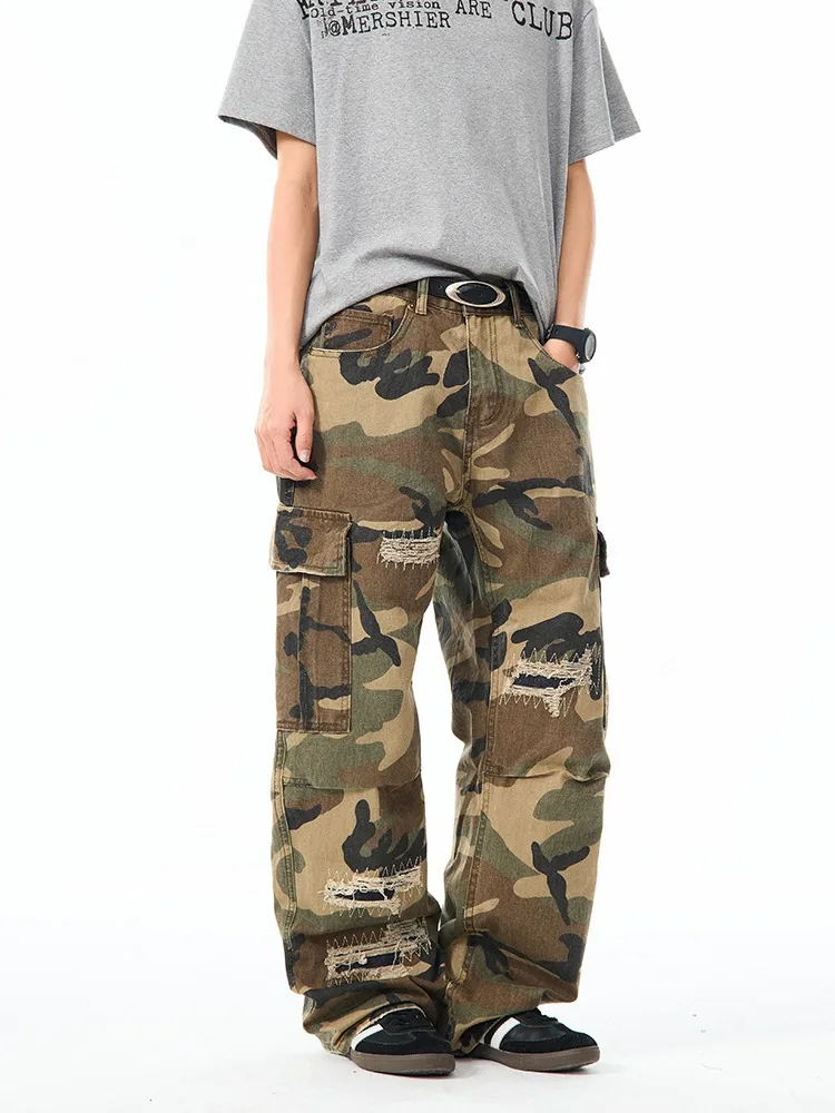 

Широкие свободные мешковатые джинсы для мужчин, рваные джинсы, прямые женские камуфляжные брюки унисекс, брюки Y2k, брендовая одежда, мужская одежда