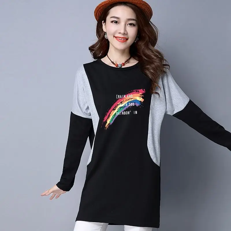 Women New Contrast Letter Printing Tops Tees Long Sleeve O-Neck Patchwork Loose All-match T Shirts Vintage Casual Clothing