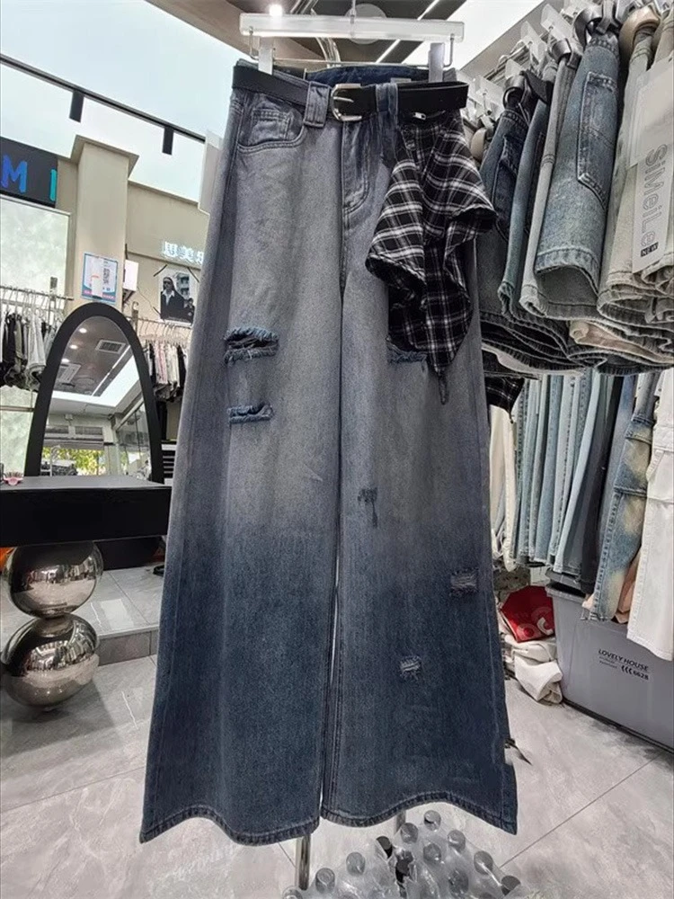 

New design with silk scarf summer 2025 straight leg wide leg pants holes gradient color floor length trendy denim pants