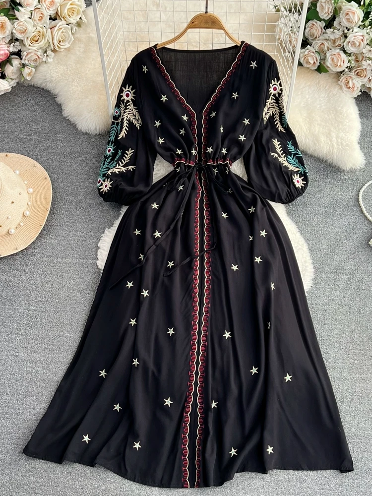 Verano Vintage étnico Sle V-Ne bordado A-Line Midi Dr vacaciones en la playa cintura acupendo adelgazamiento largo Sve Dr