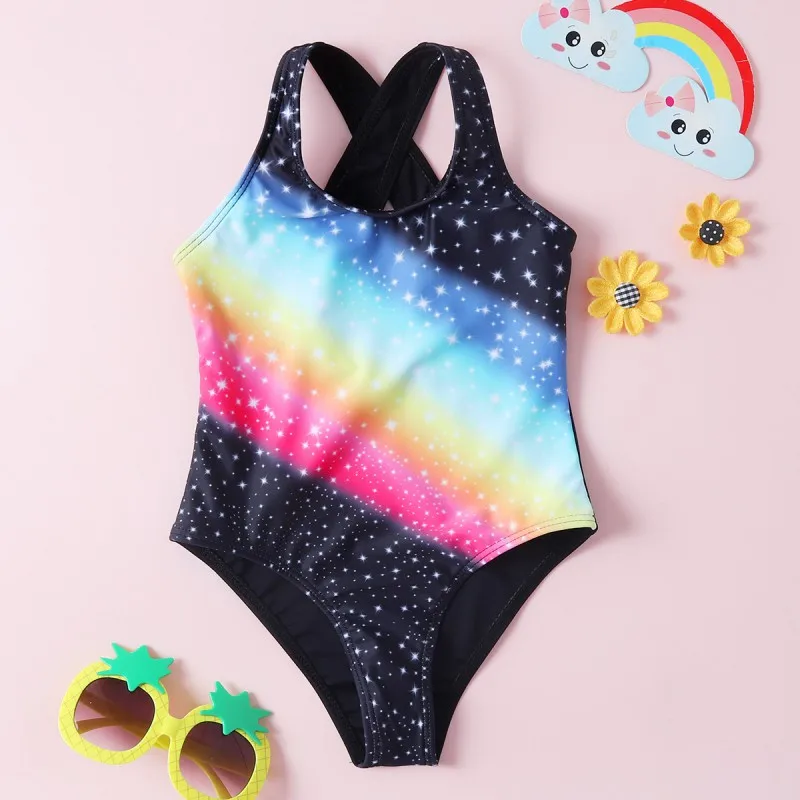 Print Girls Swimsuit Crisscross Summer Conjoined Floral Printing Rainbow Cute Girls Swimwear Swimsuit for Girl