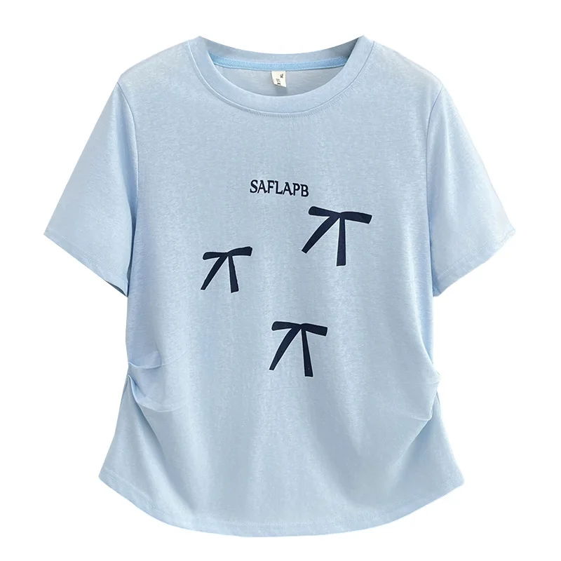

2025 Plus Size Top Summer New Bow Print Round Neck Short Sleeve Thin Tees 100KG Snowflake Cotton Women T-shirt 9670