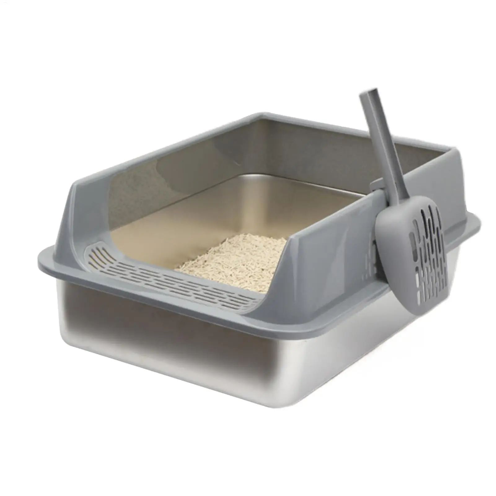 Katzentoilette aus Edelstahl, halbgeschlossen, hochseitig, auslaufsicher, Geruchskontrolle, leicht zu reinigen, langlebige Katzentoilette aus Metall mit Schaufel