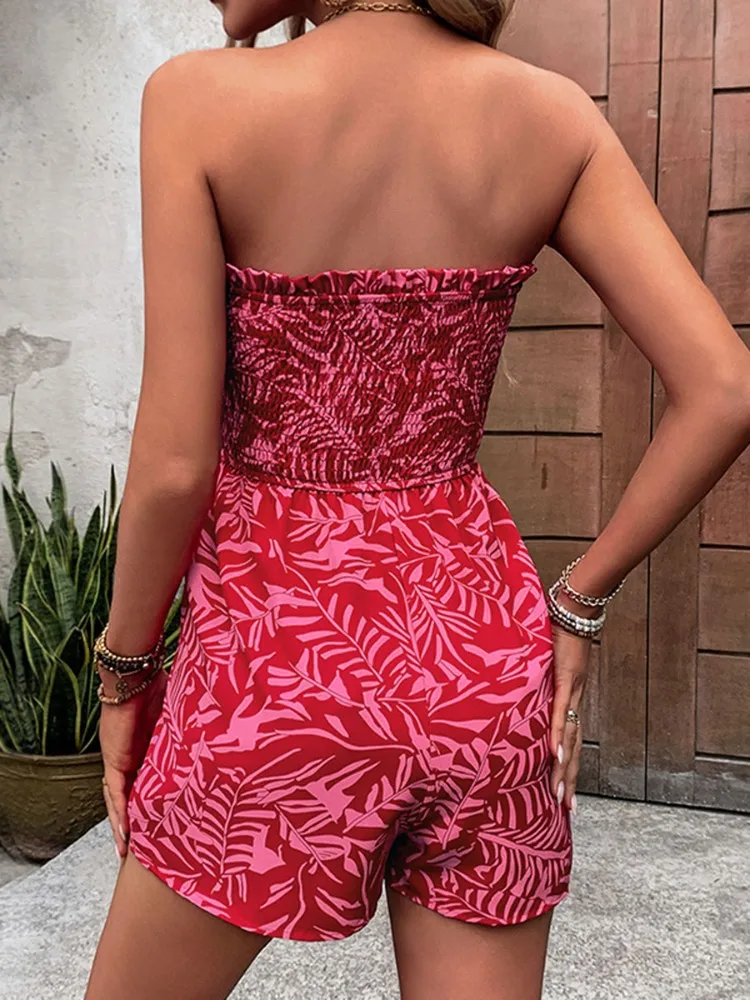 Lemongor Women's Summer Leaves Printed Strapless Tube Rompers 2026 New Sleeveless Casual Going Out Vacation Short Jumpsuit