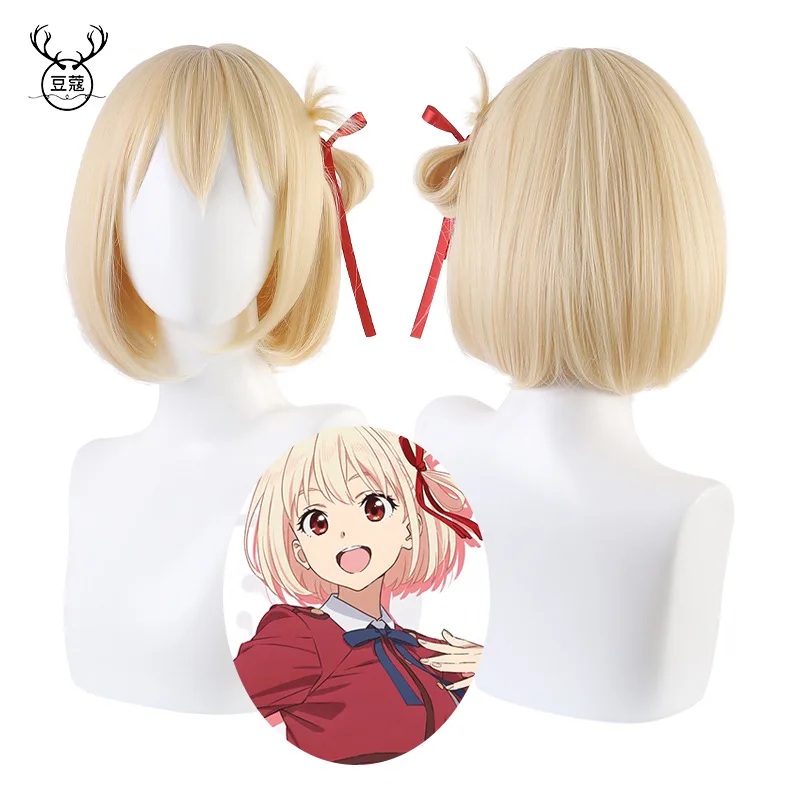 Peruka do cosplayu Chisato Nishikigi z Lycoris Recoil, włosy bob, czerwona wstążka