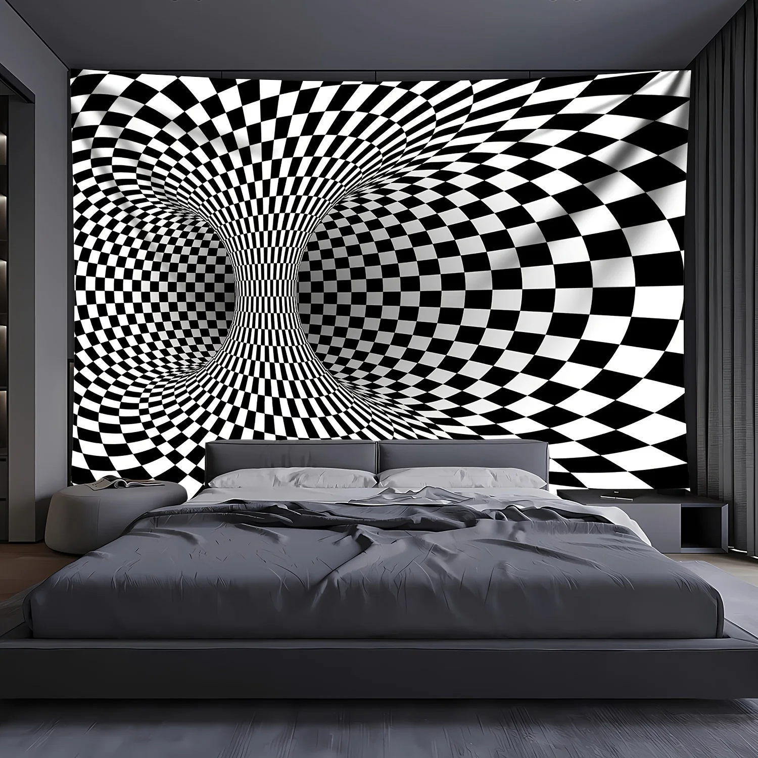 Hypnotic Black and White Checkerboard Optical Illusion Wall Mural Tapestry Modern Geometric Infinity Art Print for Living Room B