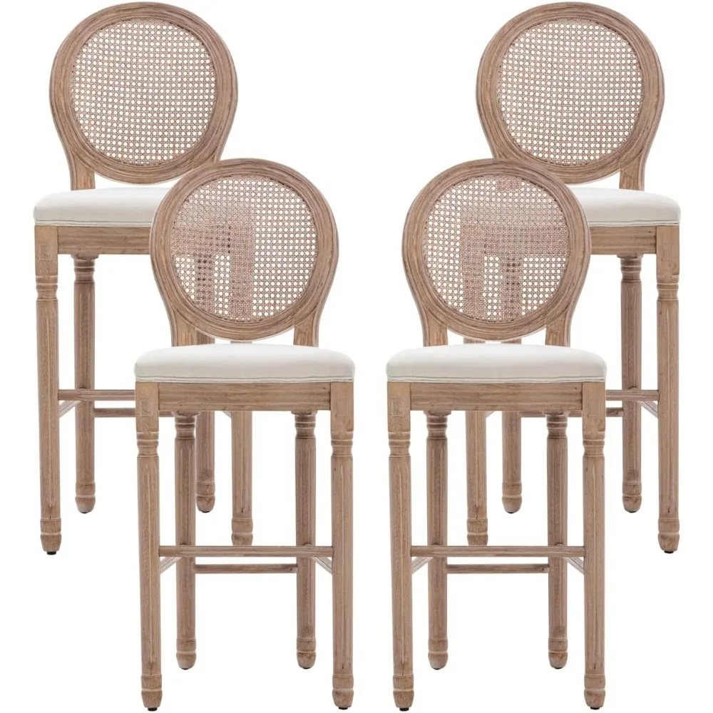 

Farmhouse Bar Stools Set of 4,French Country Barstools with Solid Wood Frame and Upholstered,Rattan Back Kitchen Bar Stool