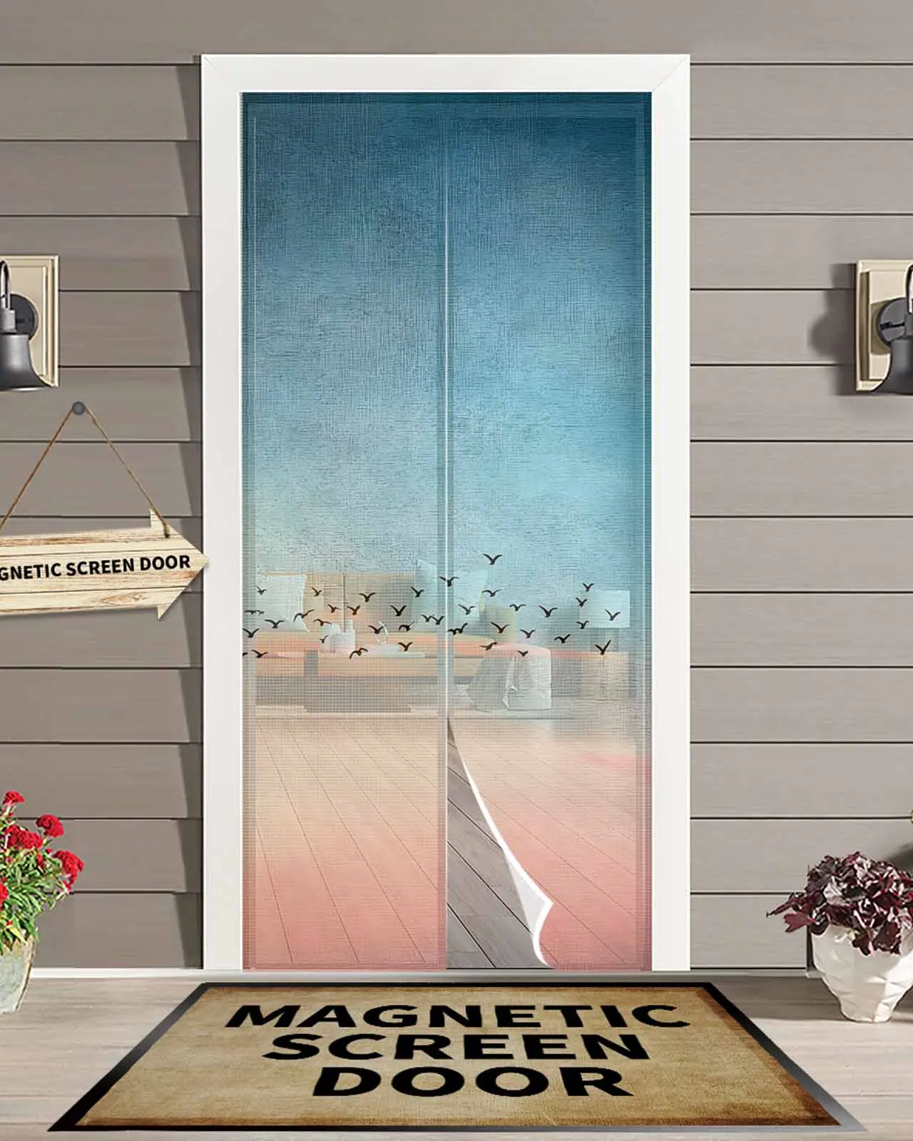 

Retro Sky Bird Gradient Nature Magnetic Door Curtain Living Room Bedroom Home Anti-mosquito Screen Door Curtain