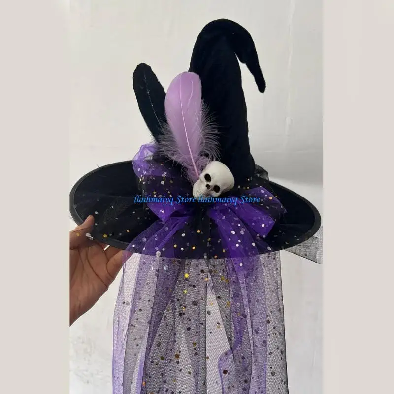 

573B Dark Witch Hat for Kids Adults Halloween Party Cosplay Costume Sequins Props