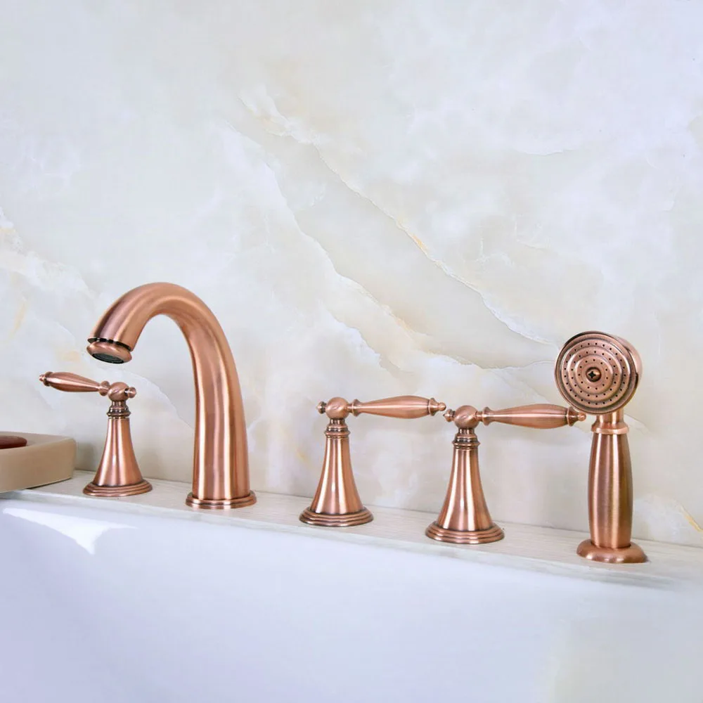 

Antique Red Copper Brass Three Levers Handles Deck Mounted 5 Holes Bathroom Tub Faucet Mixer Tap With Handshower mtf202