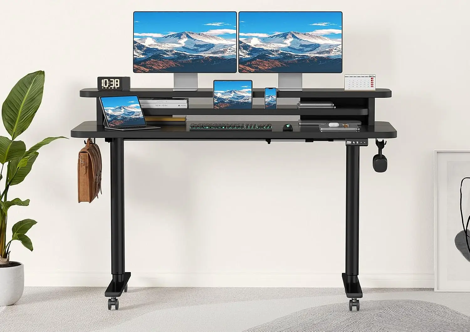 Electric Standing Desk Height Adjustable Dual Monitor Stand Memory Controller Casters Hooks Home Office 55x24
