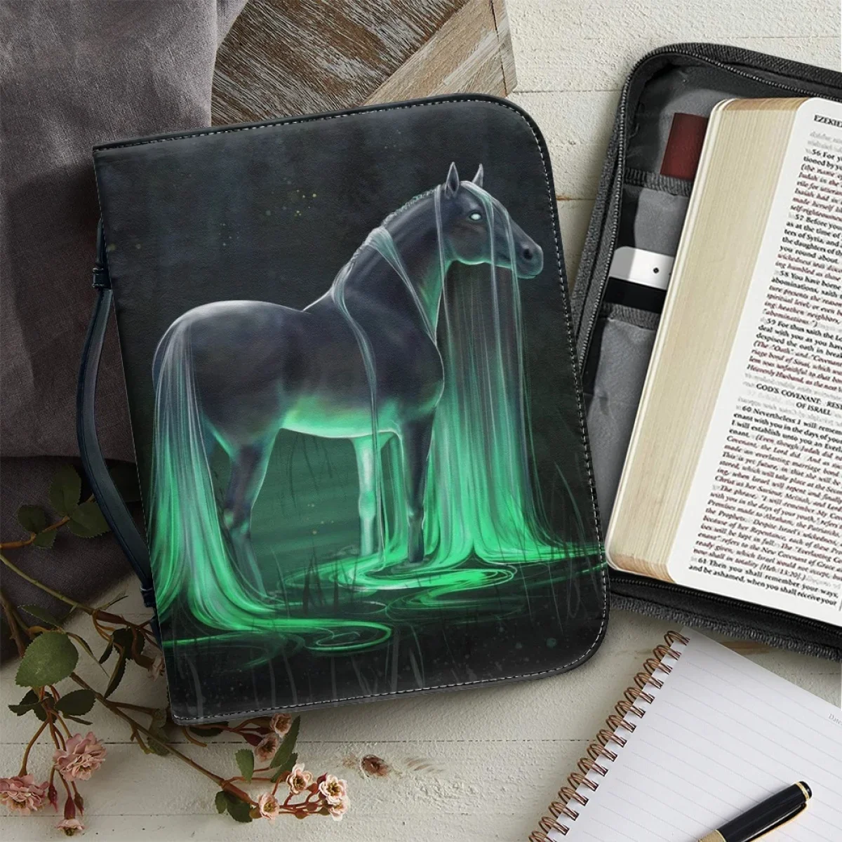 Fashion Hot Running Horse Pattern Printing Bible Bag for Women Leather Zippered Handle Handbags Study Book Holy Storage Boxes