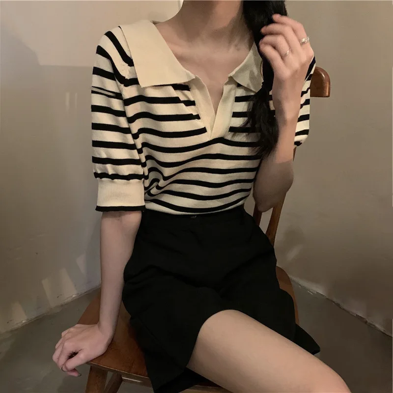 حجم كبير بالإضافة إلى حجم المرأة بولو الرقبة مخطط قصيرة الأكمام تريكو الصيف التخسيس الأعلى للفتيات الثقيلة XXL XXXL 3XL 4XL كبير...