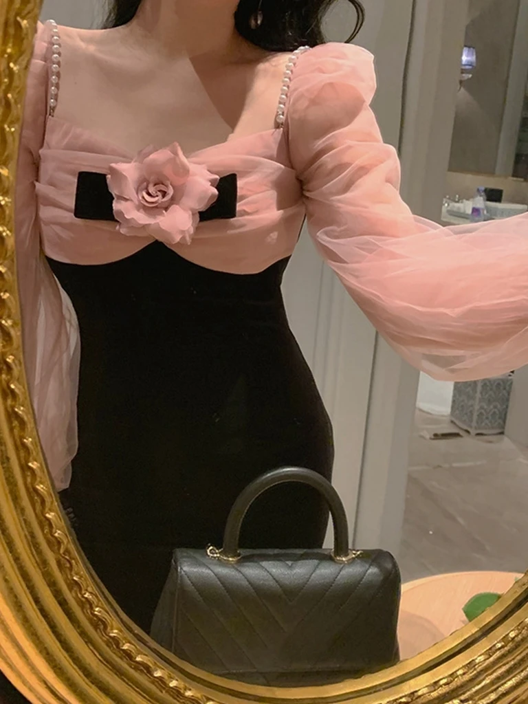 Ele กํามะหยี่ชุดราตรี Dr สี Blo Design และพิมพ์ลายดอกไม้เอวสูงยาว Sve ความยาวกลาง A-Line ชุดสําหรับสตรี