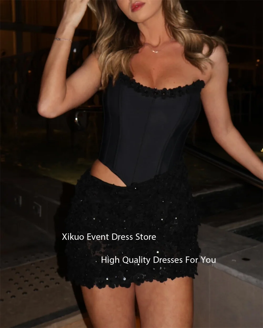 Xikuo расшитое блестками платье для выпускного вечера без бретелек 3D облегающее вечернее платье с цветочным принтом выше колена с вырезом по бокам мини-платье для дня рождения по индивидуальному заказу