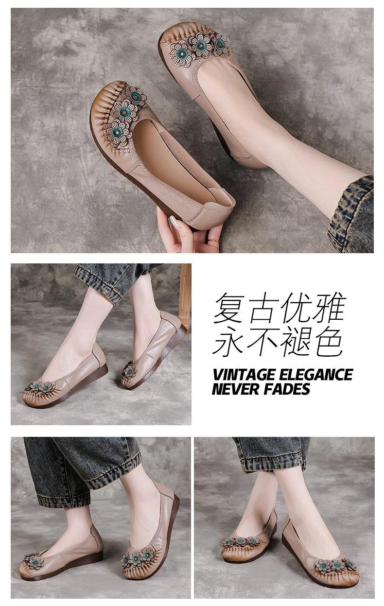 Boho Vintage Echtleder-Ballerinas für Damen, Blumenmuster Slip-On Fahr-Mokassins, Weiche Ethnische Retro-Schuhe, Flache Schuhe für Mütter – Detail 7