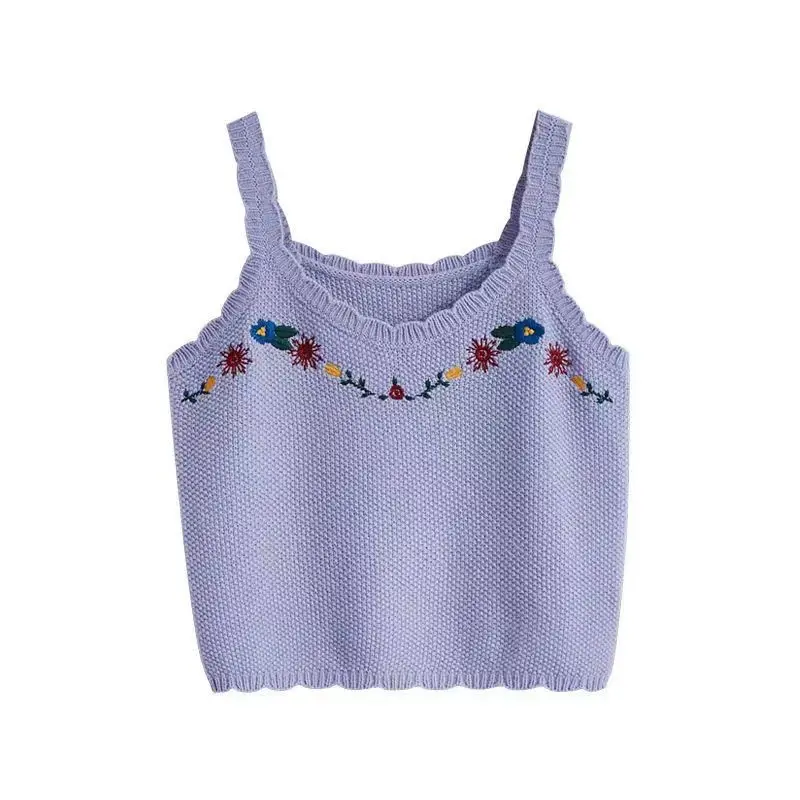 

Women's 2024 Summer New Sweet Cute Solid Color Sleeveless Flower Embroidery Ruffles Slim Short Knitted CSweaters Amissole Tops