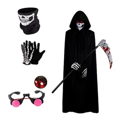 Set da 5 pezzi Halloween Party Cosplay bambini adulto morte mantello nero mantello Halloween Skull Skeleton Ball Set regali di festa