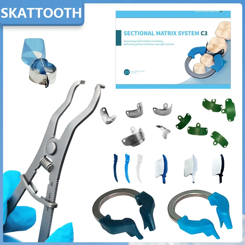 

Dental Metal Matrix System R6 NITI Clamping Ring+M4 Metal Matrix+Curved Knife Wedge+stainless Steel Clip Dental Tools C3 Suit