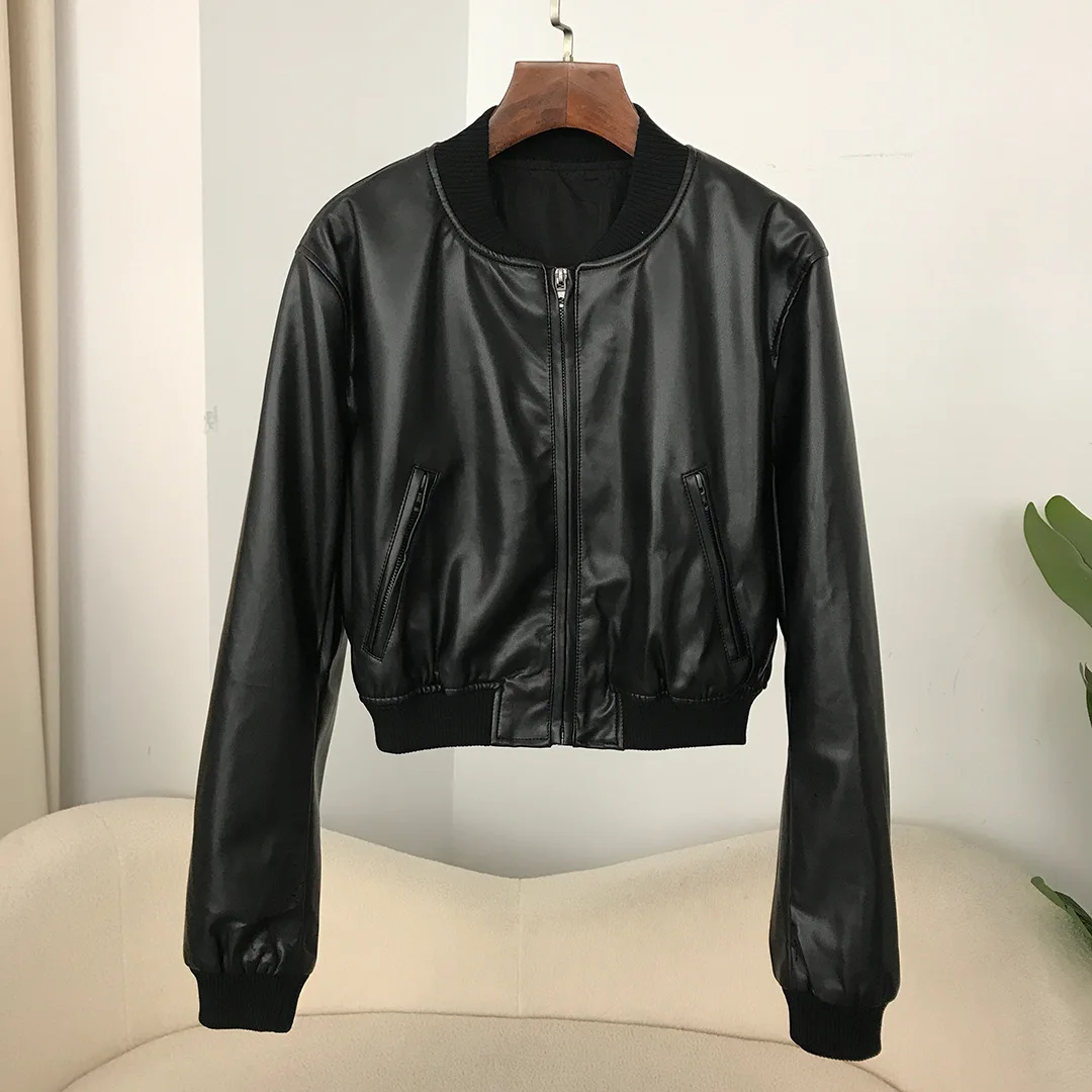 2024 Women's leather jacket, new PU leather stand up collar, fashionable short cut style, motorcycle American pilot leather jack