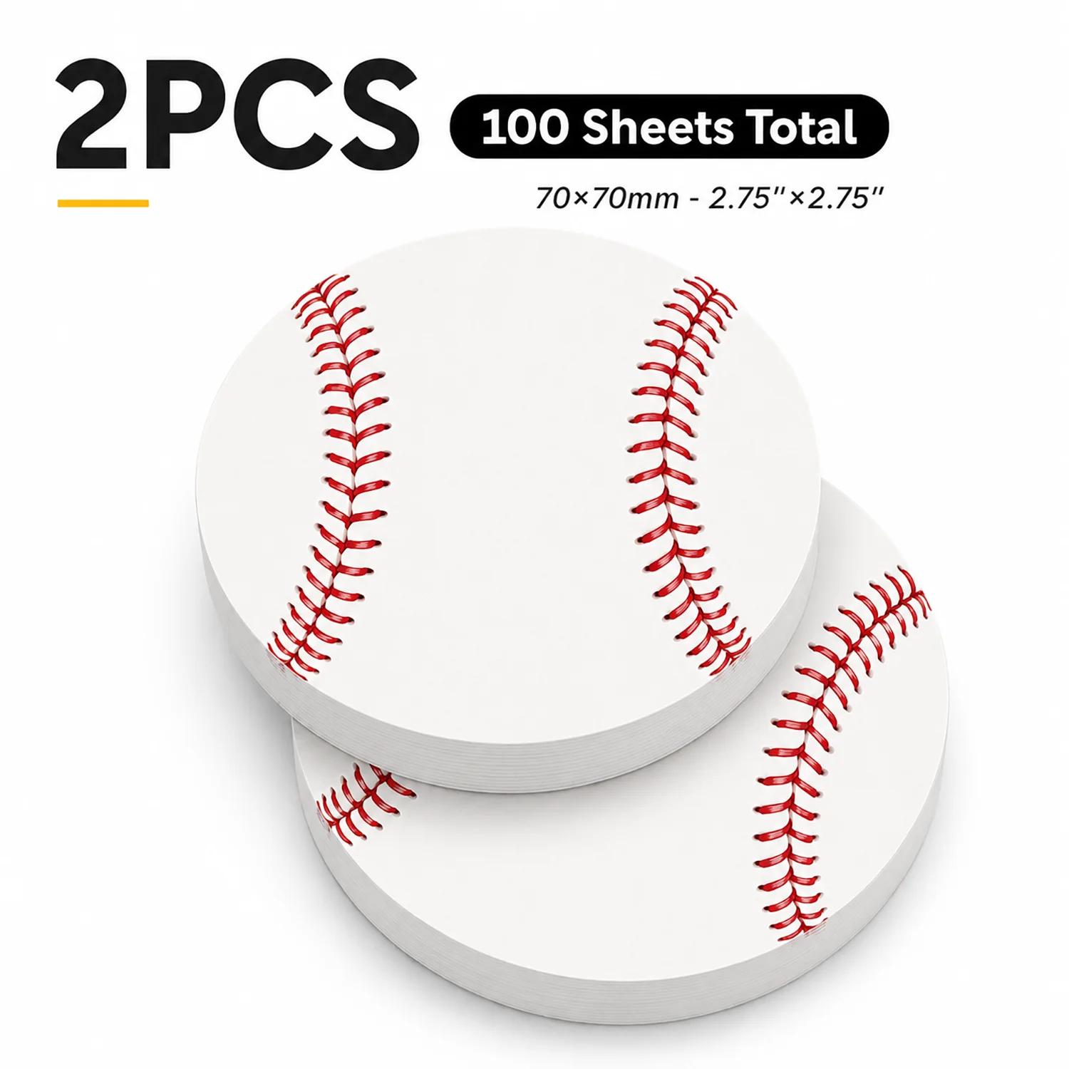 2PCS Baseball Self Adhesive Sticky Notes 100 Sheets Round Ball Stitch Memo Pads Sports Theme Reminder Office Stationery