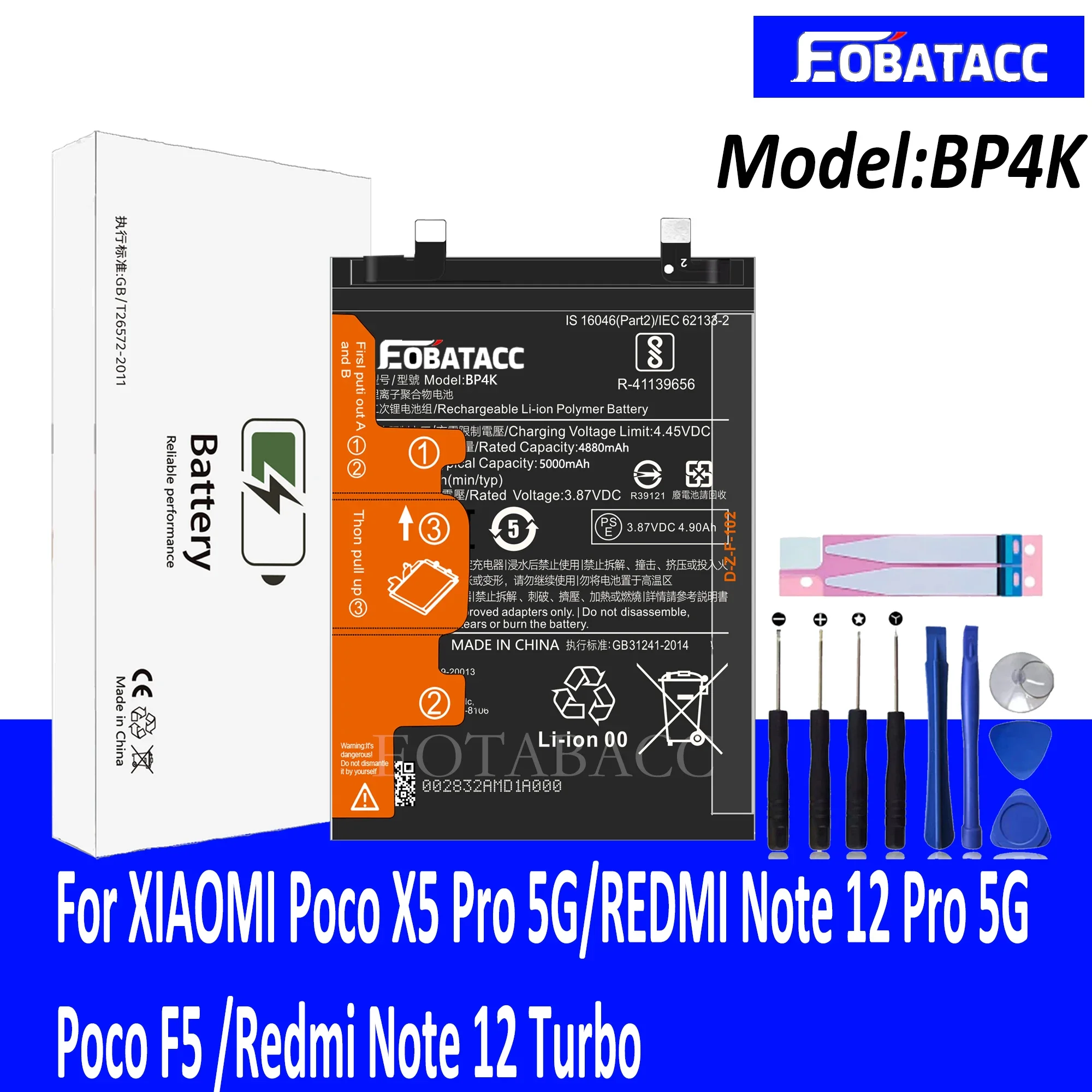 

EOTABACC 100% New Original Battery BP4K For XIAOMI Poco X5 Pro 5G/REDMI Note 12 Pro/Poco F5 /Redmi Note12 Turbo Battery +Tools