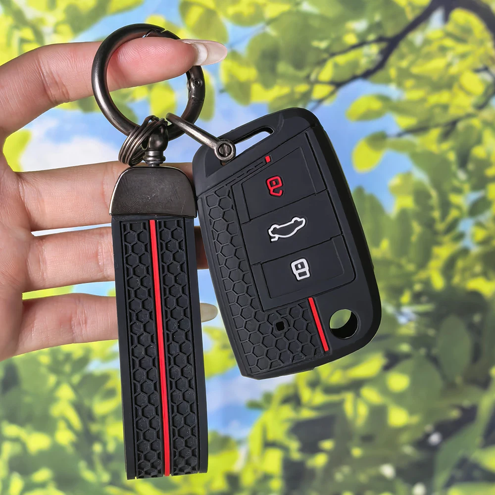 Silicone Key Cover with Keychain for VW Golf7 GTI POLO T‑Cross T‑Roc Tiguan Touran Skoda Octavia Kodiaq Seat Ibiza Leon Ateca