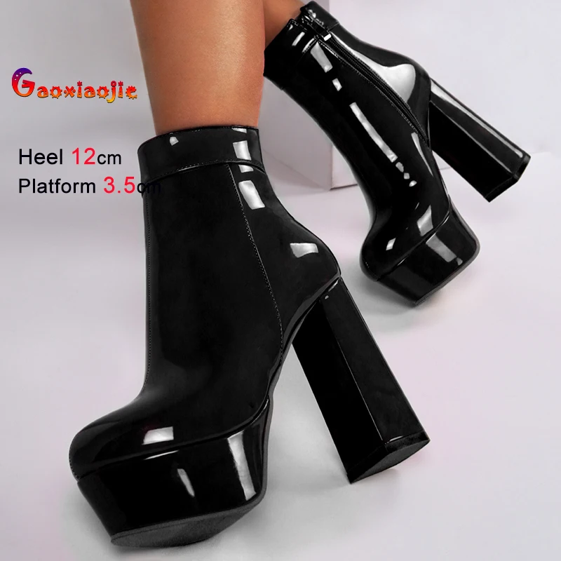 

2025 Spring Autumn Black Women's Ankle Boots Round Toe Chunky Heels 12cm Platform 3.5cm Side Zipper Female Short Boots Size 43