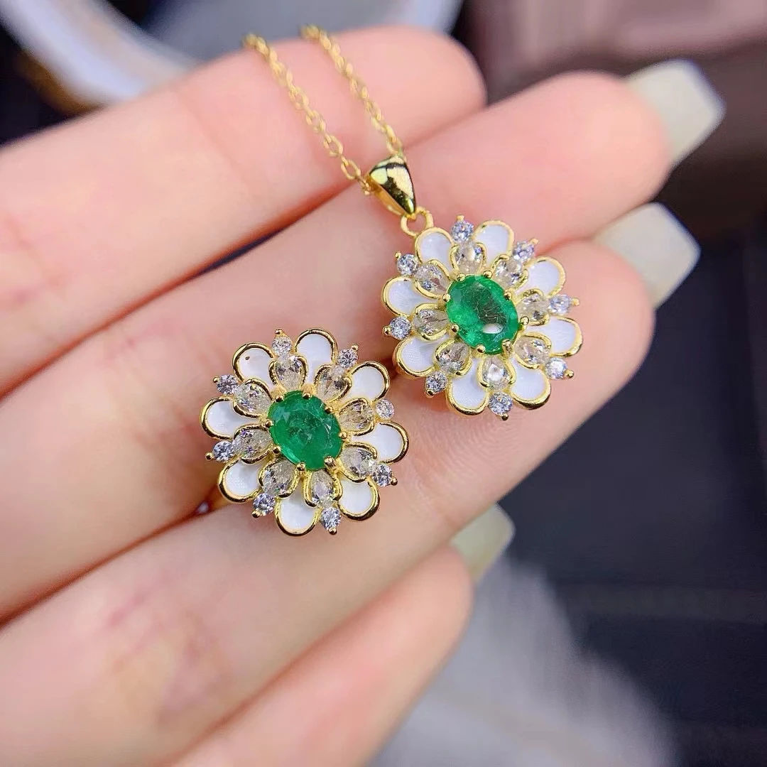 Natural Colombian Emerald Women's Ring Necklace Set S925 Pure Silver Inlaid Nearly Full Clarity High-quality Support Testing