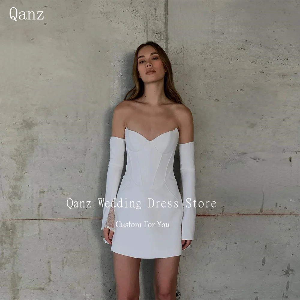 Qanz Vintage Satin Wedding Dresses Sweetheart Lace Removable Sleeves Party Dresses Lace Up Back Mini Bridal Gowns Customized