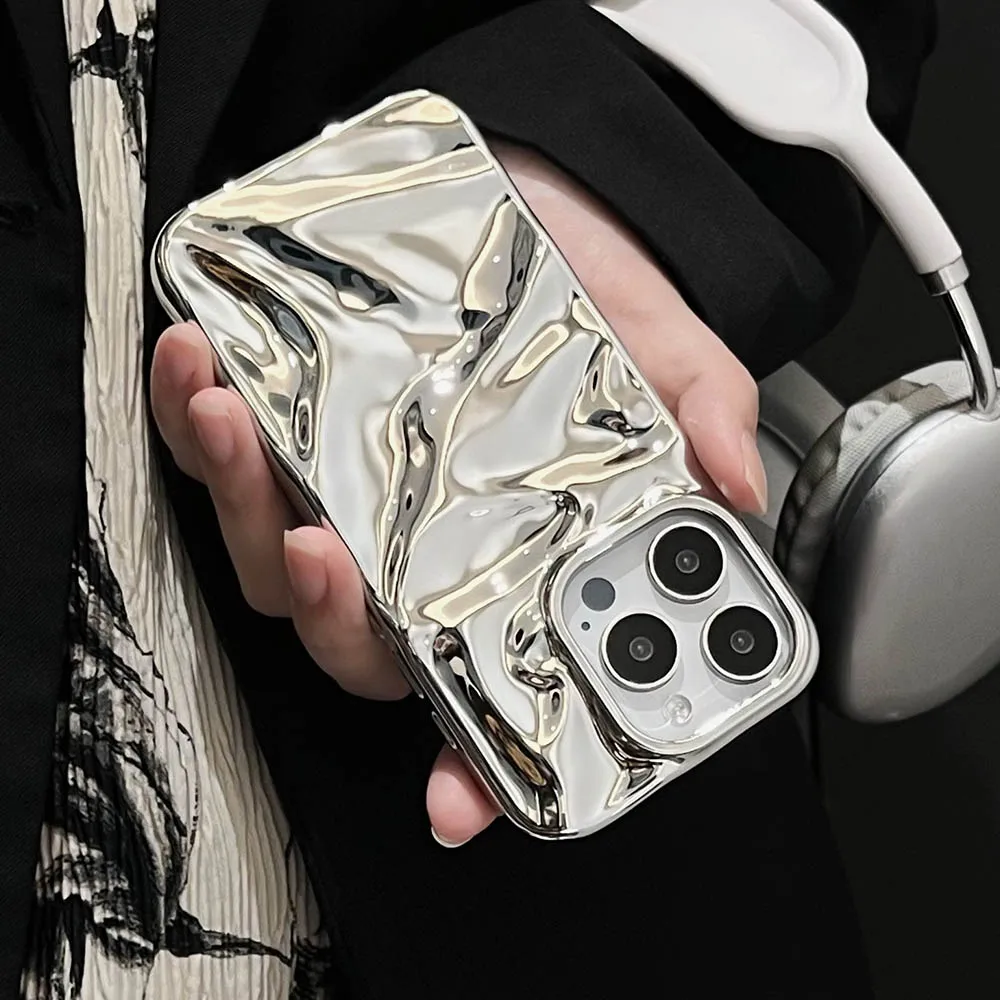 الفاخرة بالكهرباء فضي ثلاثية الأبعاد التجاعيد جراب هاتف آيفون 17 16 15 14 13 11 12 برو ماكس 17 الهواء الأرجواني تموج الماء غطاء ناعم