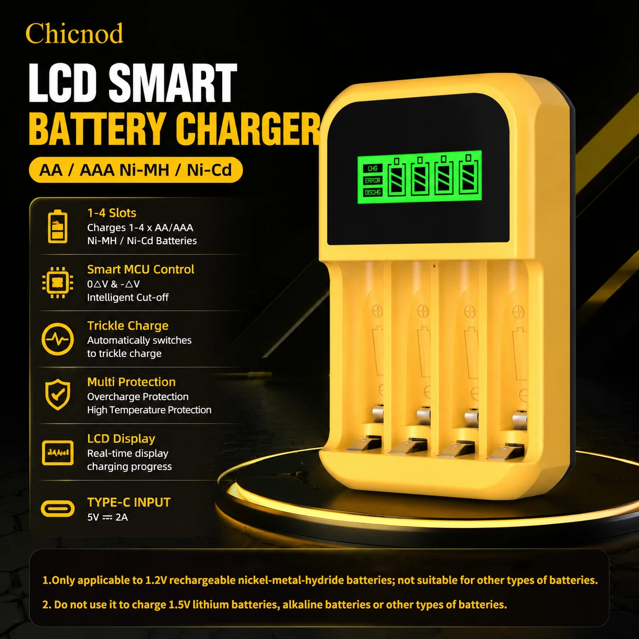 Chicnod LCD016 AA AAA Ni-MH Ni-Cd Battery Charger LCD Display USB Type-C Smart Fast Charger for Rechargeable Batteries