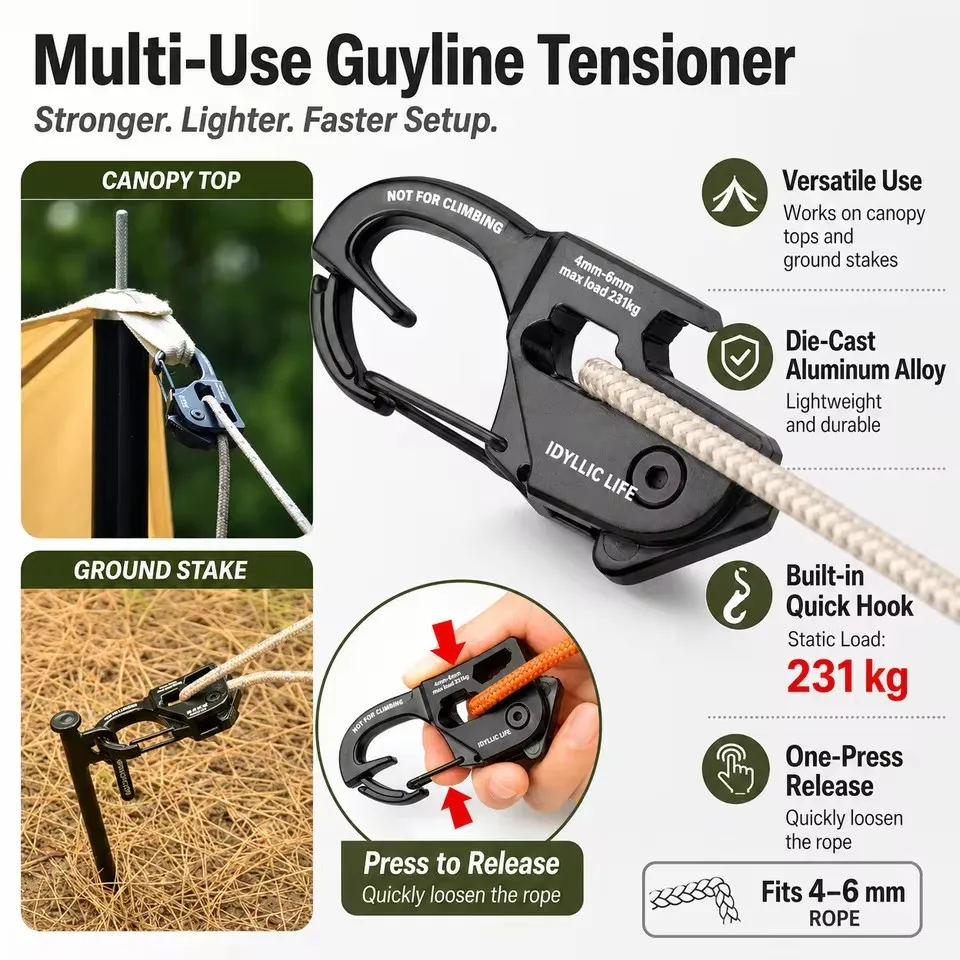 Aluminum Alloy Tent Rope Tensioner Strong Load-Bearing Adjuster Portable Windproof Cord Buckle Camping/Hiking/Tarp Accessory