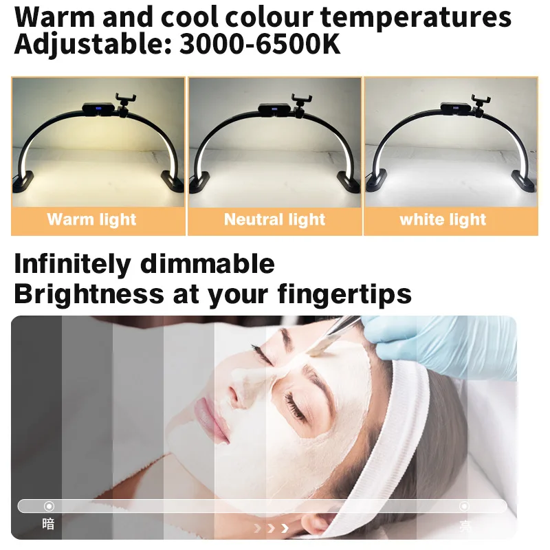 28 Inch Half Moon LED Light 3 Color Modes Dimmable Floor Lamp with Phone Holder for Nail Desk Lash Extension Tattoo Makeup