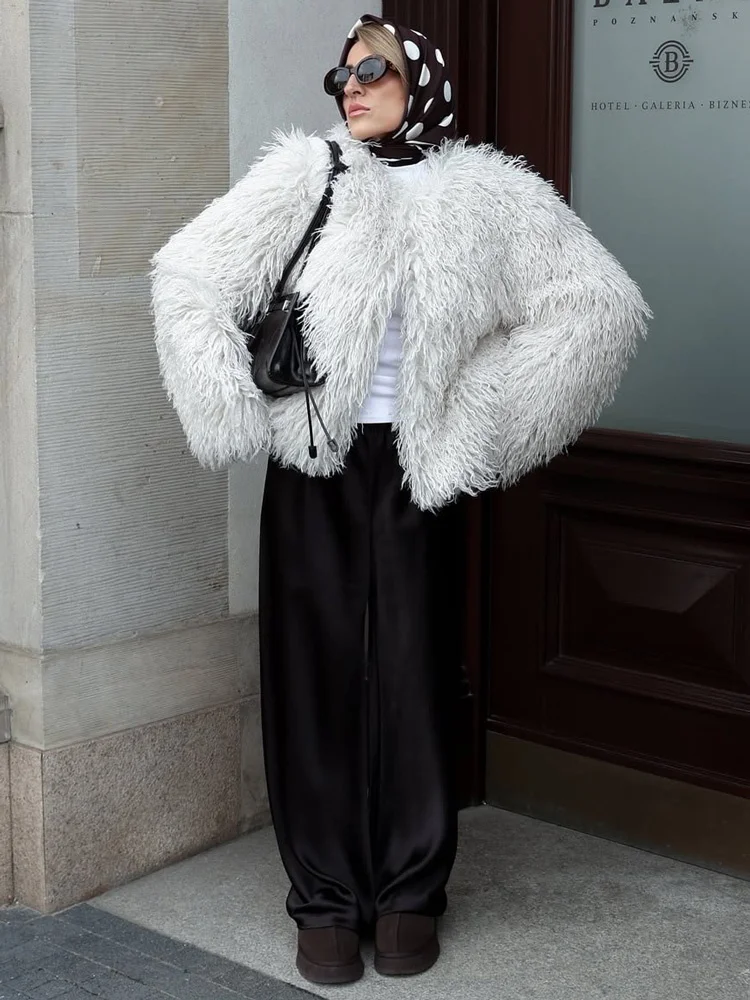 Tossy Female Fluffy Faux Fox Fur Jacket Overcoat Winter Loose Luxury Long Sleeve High Waist Patchwork Coat Women's Outwear 2025