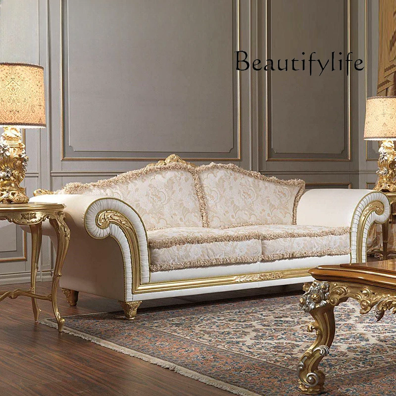 European living room furniture, large apartment sofa combination, solid wood carving flower leather three-person sofa