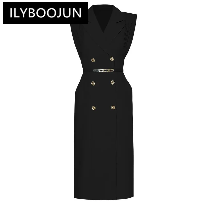 ILYBOOJUN Fashion Designer Summer Women\'s Dress Turn-down Collar Sleeveless Double Breasted Stripe Office Elegant Midi Dress