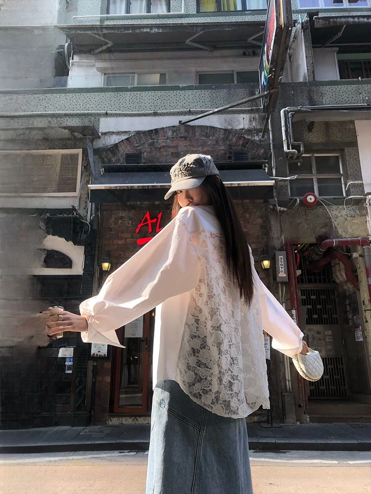 

Женская блузка Ranwear Double Version с кружевными вставками, дышащая, из хлопка, в корейском стиле, удобная для повседневной носки, стандартный крой, длинный рукав