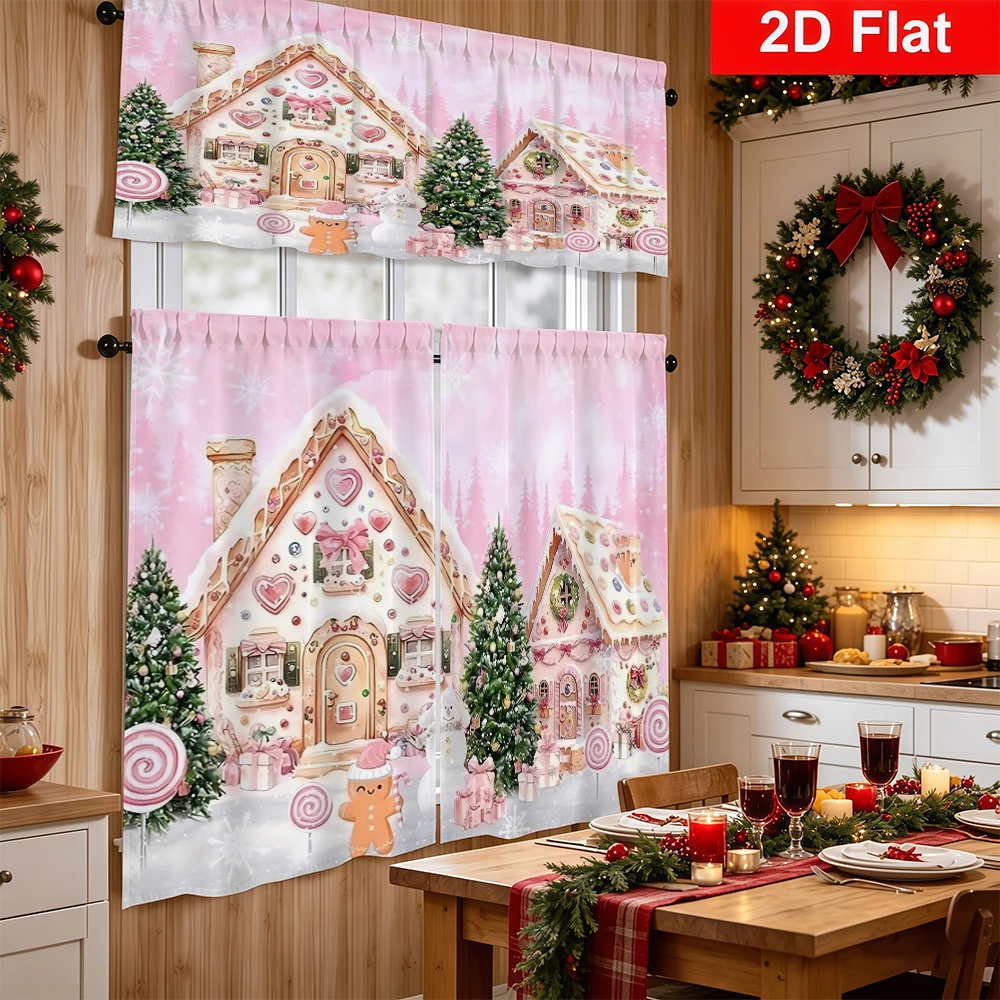 Christmas Kitchen Curtains, Pink Gingerbread House Snowman, Digital Print, Kitchen Dining Room, Rod Pocket Polyester, Home Decor