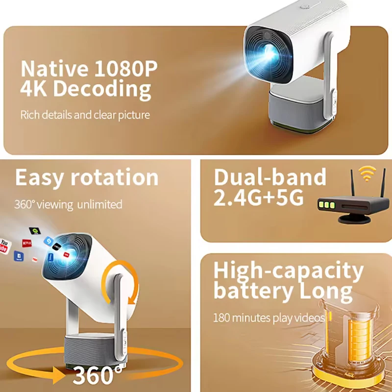 K2 VS hy300 Projector with Standby Power Supply Android 11.0 WIFI6 BT5.2 Portable Projector 200ANSI Supports 4K Video Projector