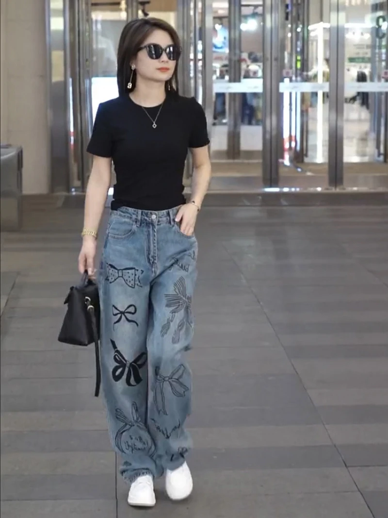 Graffiti Bow Aesthetics Design Vintage Women's Jeans European American Style Jeans for Women Street Personality New Pants Woman