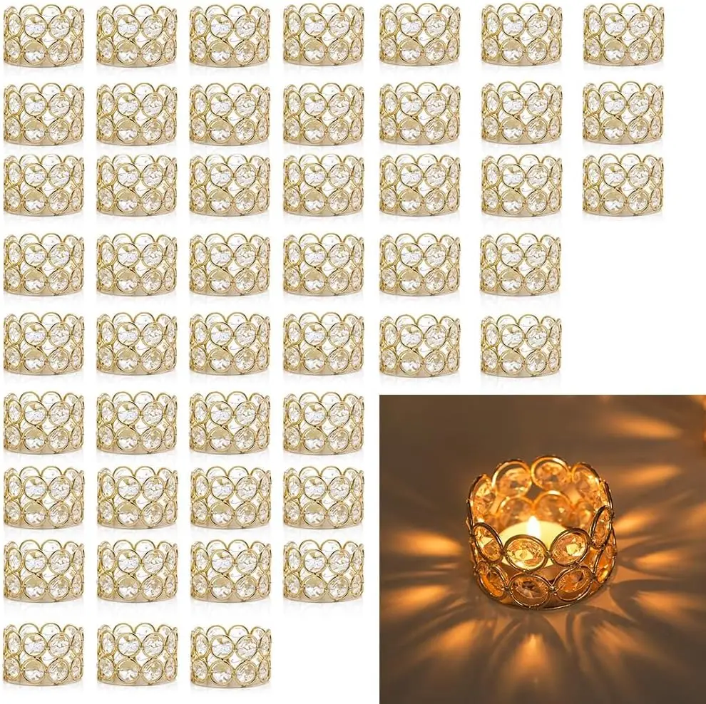 

48PCS Gold Crystal Tea Light Candle Holders for Wedding Centerpieces Bulk Metal for Dining Table Party Decor (Candle Excluded)