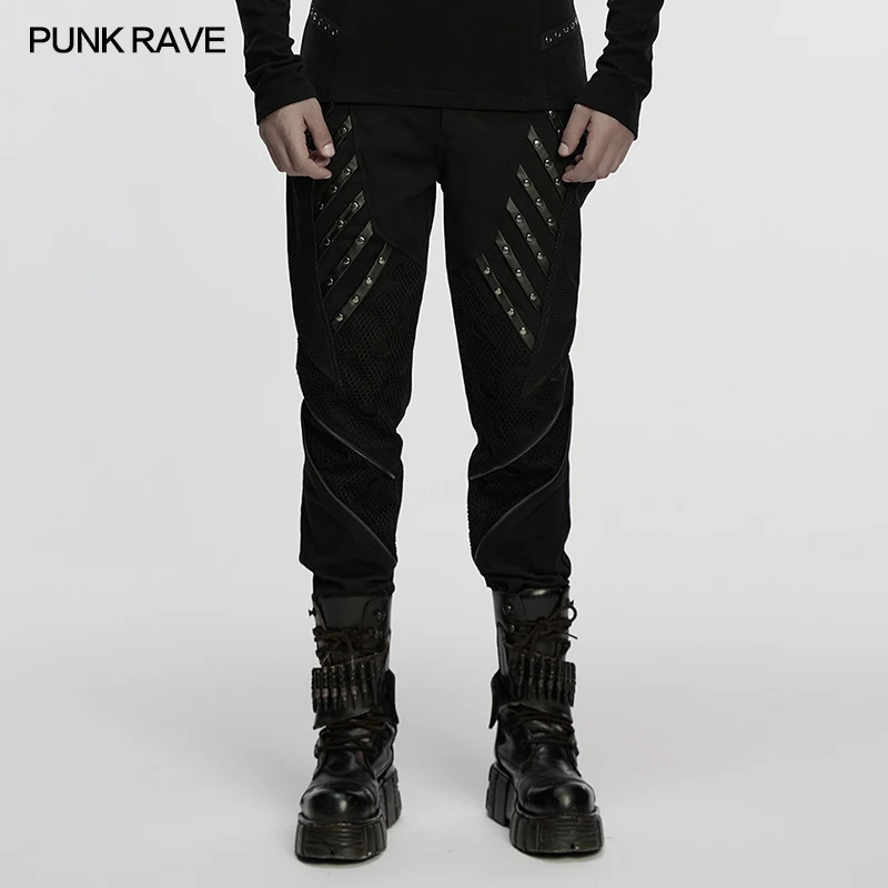 

PUNK RAVE Men's Punk Splicing Design Decorative Straps Symmetrical Visual Pants Decorative Rivets Casual Trousers Streetwear