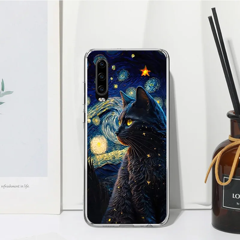 القط الأسود حالة الهاتف الكرتون لهواوي p30 p40 p20 p10 لايت ميت 20 10 pro y5 y6 y7 y9s p الذكية z