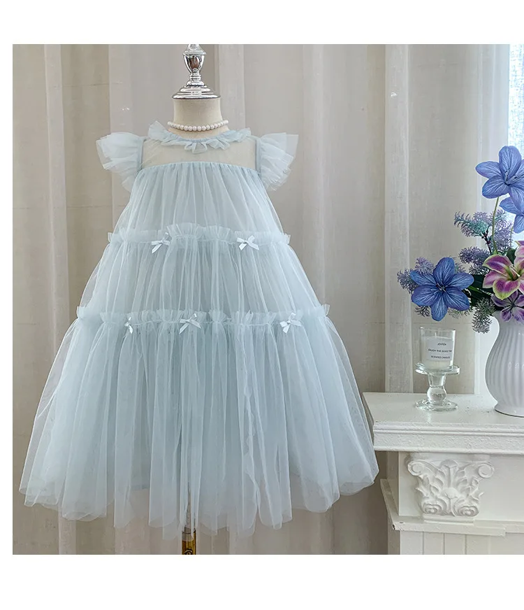 

New Baby Summer Girls Boutique Fairy Blue Pink Mesh Bow Dress , Princess Kids Fashion Holiday Dresses 2-8 T