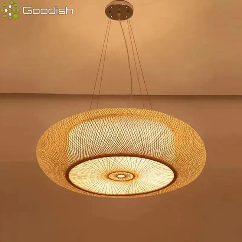 

Wabi-sabi Bamboo And Wooden Weaving Round LED Pendant Lights Creative Lamps for Living Room Bedroom Home Decoration Chandelier